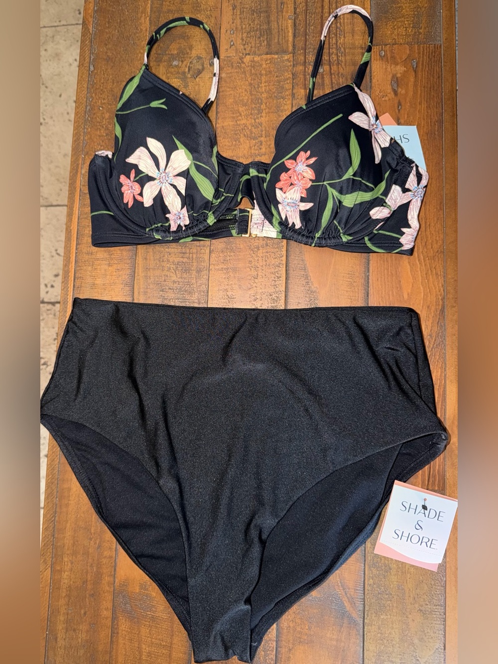 Shade & Shore Black Floral Underwire Bikini with High-Waist Bottom
